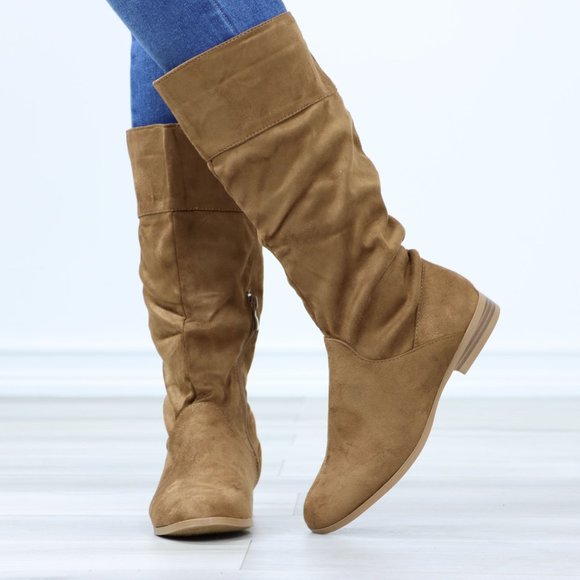 Tan Low Heel Boots Round Toe Above Ankle Mid-Calf Booties Faux Suede - Picture 10 of 12